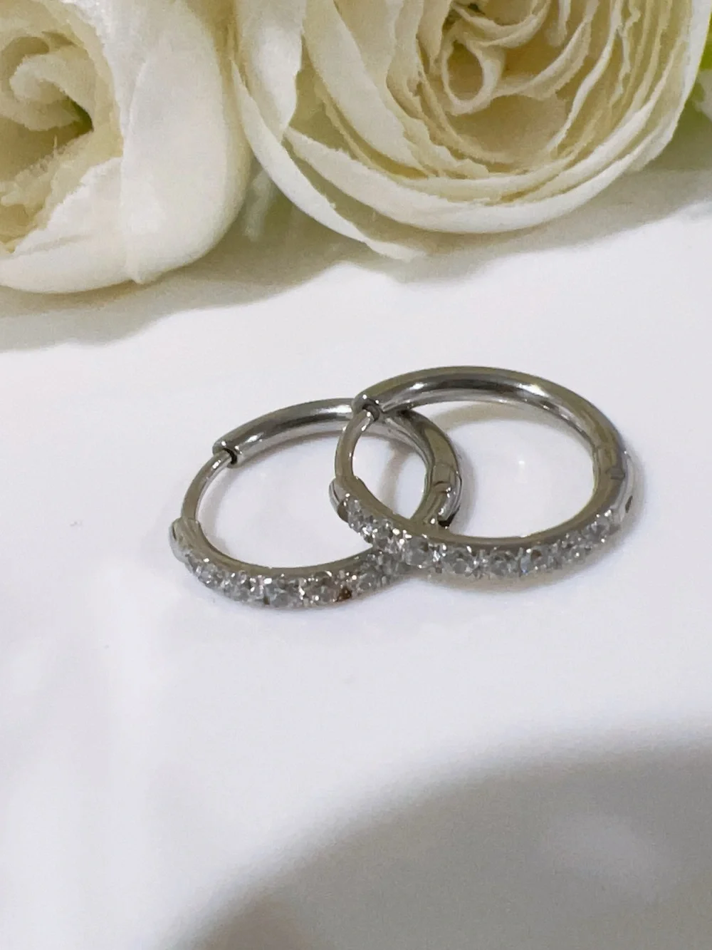 White Gold Plated Huggie Hoop Earrings with CZ stones 12mm
